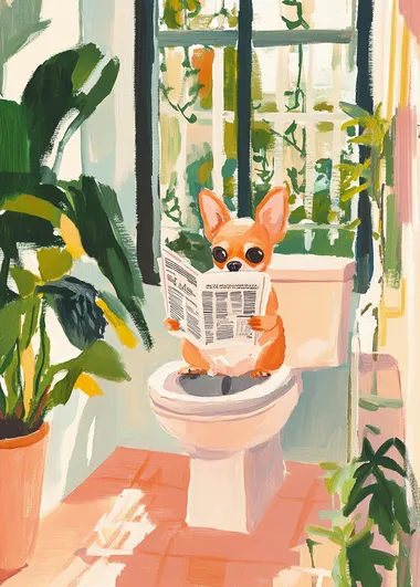 A cute chihuahua sitting on the open toilet reading a newspaper, in the style of a gouache painting with pastel colors, in a bright bathroom with a large window and plants, by Maira Kalman.