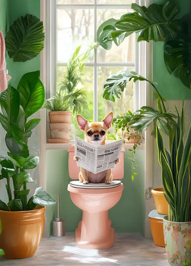 A cute chihuahua sitting on the open toilet reading a newspaper, in the style of a gouache painting with pastel colors, in a bright bathroom with a large window and plants, by Maira Kalman.