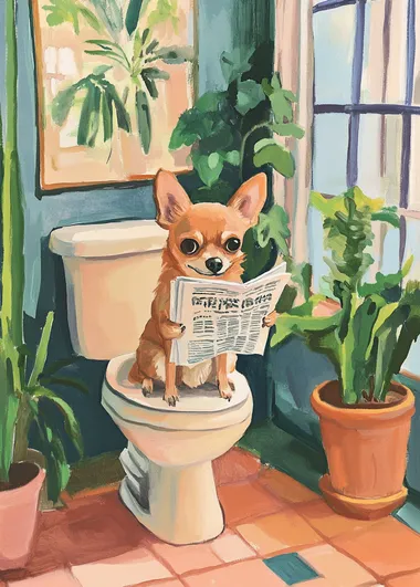 A cute chihuahua sitting on the open toilet reading a newspaper, in the style of a gouache painting with pastel colors, in a bright bathroom with a large window and plants, by Maira Kalman.
