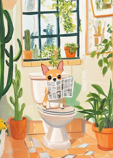 A cute chihuahua sitting on the open toilet reading a newspaper, in the style of a gouache painting with pastel colors, in a bright bathroom with a large window and plants, by Maira Kalman.