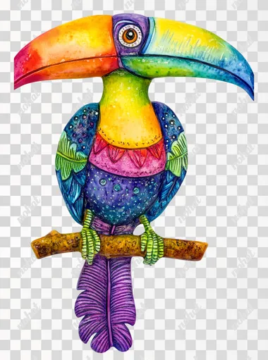 Watercolor Clipart, White background, ultra detailed, hyper realistic. A beautiful watercolor of a whimsical toucan bird in the style of Kandinsky and Thomas Kinkade, vibrant color palette, dreamy atmosphere, pastel colors, full body, high resolution.
