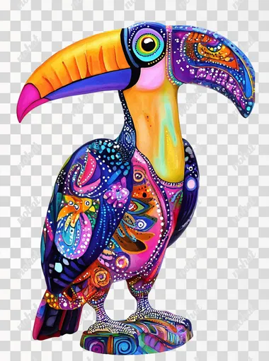 Watercolor Clipart, White background, ultra detailed, hyper realistic. A beautiful watercolor of a whimsical toucan bird in the style of Kandinsky and Thomas Kinkade, vibrant color palette, dreamy atmosphere, pastel colors, full body, high resolution.