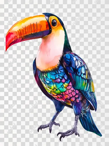 Watercolor Clipart, White background, ultra detailed, hyper realistic. A beautiful watercolor of a whimsical toucan bird in the style of Kandinsky and Thomas Kinkade, vibrant color palette, dreamy atmosphere, pastel colors, full body, high resolution.