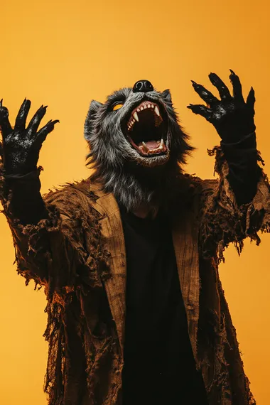 man dressed as a werewolf, halloween costume, with furry gloves, a wolf mask, and tattered clothes, he is exited looking up, 25 years old, isolated on white, smiling, cheerful man, photo like ads style, isolated on orange background