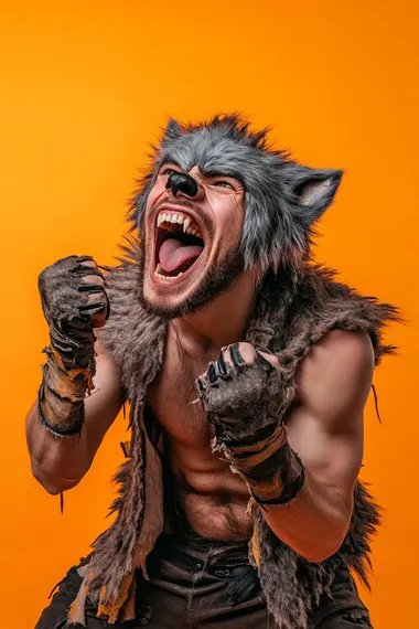 man dressed as a werewolf, halloween costume, with furry gloves, a wolf mask, and tattered clothes, he is exited looking up, 25 years old, isolated on white, smiling, cheerful man, photo like ads style, isolated on orange background