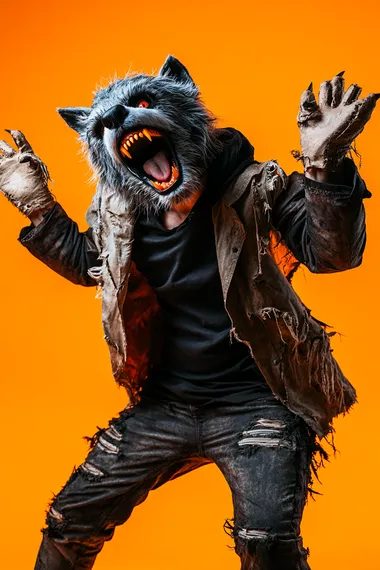 man dressed as a werewolf, halloween costume, with furry gloves, a wolf mask, and tattered clothes, he is exited looking up, 25 years old, isolated on white, smiling, cheerful man, photo like ads style, isolated on orange background