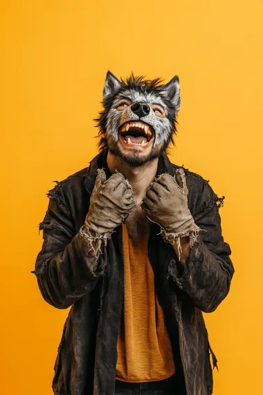 man dressed as a werewolf, halloween costume, with furry gloves, a wolf mask, and tattered clothes, he is exited looking up, 25 years old, isolated on white, smiling, cheerful man, photo like ads style, isolated on orange background