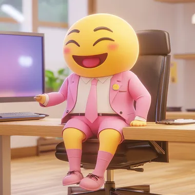 a cute emoji wearing pink bermuda shorts with long socks and a business blazer and tie sitting at an office desk