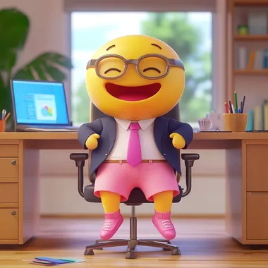 a cute emoji wearing pink bermuda shorts with long socks and a business blazer and tie sitting at an office desk