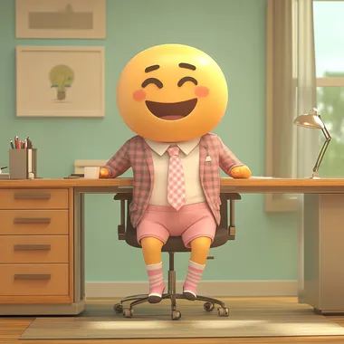 a cute emoji wearing pink bermuda shorts with long socks and a business blazer and tie sitting at an office desk