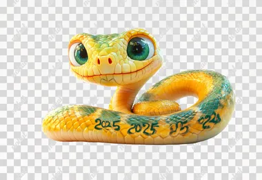 A cute, smiling, yellow and green snake coiled into the number "2025" on a pure white background, Cartoony style, UE5 style, CG Rendering