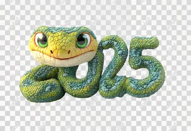 A cute, smiling, yellow and green snake coiled into the number "2025" on a pure white background, Cartoony style, UE5 style, CG Rendering