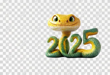 A cute, smiling, yellow and green snake coiled into the number "2025" on a pure white background, Cartoony style, UE5 style, CG Rendering
