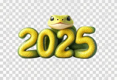 A cute, smiling, yellow and green snake coiled into the number "2025" on a pure white background, Cartoony style, UE5 style, CG Rendering