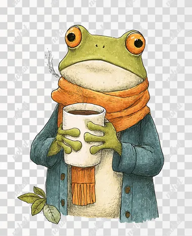 funny frog drinking coffee, clip art, rinting design, clear background  rofile jfjfrm3   --raw