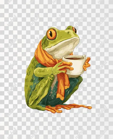 funny frog drinking coffee, clip art, rinting design, clear background  rofile jfjfrm3   --raw