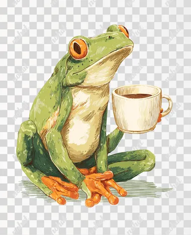 funny frog drinking coffee, clip art, rinting design, clear background  rofile jfjfrm3   --raw