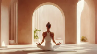 a woman and doing yoga in a minimal interior. her face is calm