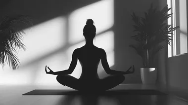 a woman and doing yoga in a minimal interior. her face is calm