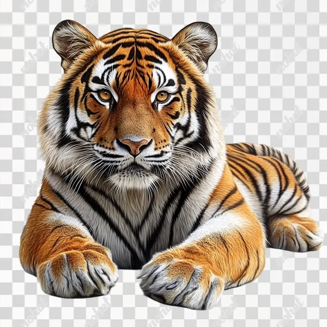 a tiger laying down on a PNG transparent background