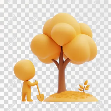 3D graphic illustrationA person is holding a spade, and there is a tree nearby.a simple shape and design, a children's toy-like style, a C4D rendering, a white background, Beautiful color scheme, cartoon elements, and no human figure. The overall feel is warm and comfortable4k .