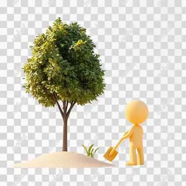 3D graphic illustrationA person is holding a spade, and there is a tree nearby.a simple shape and design, a children's toy-like style, a C4D rendering, a white background, Beautiful color scheme, cartoon elements, and no human figure. The overall feel is warm and comfortable4k .
