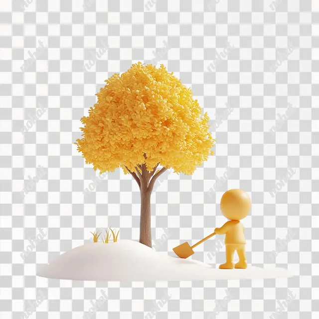 PNG Yellow figurine by tree in cozy children's toy style 3D illustration