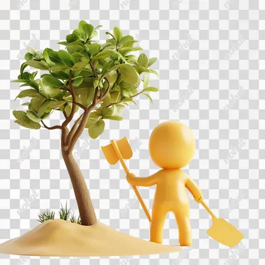 3D graphic illustrationA person is holding a spade, and there is a tree nearby.a simple shape and design, a children's toy-like style, a C4D rendering, a white background, Beautiful color scheme, cartoon elements, and no human figure. The overall feel is warm and comfortable4k .