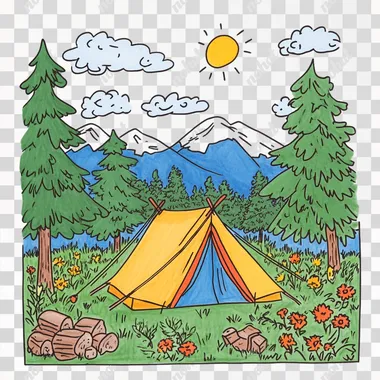 camping place with a tent. The background is white. Drawing, black outlines. Full color. The style should be colorful and cartoonish, suitable for children aged three or four years old. It must look like hand-drawn animation or digital art