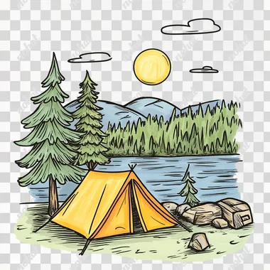 camping place with a tent. The background is white. Drawing, black outlines. Full color. The style should be colorful and cartoonish, suitable for children aged three or four years old. It must look like hand-drawn animation or digital art