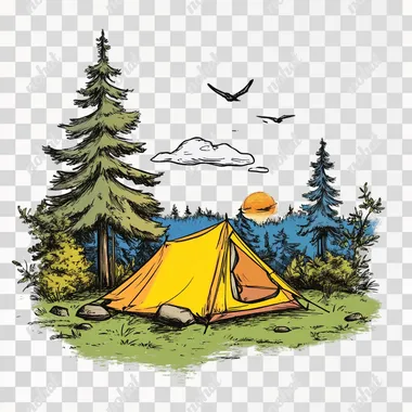 camping place with a tent. The background is white. Drawing, black outlines. Full color. The style should be colorful and cartoonish, suitable for children aged three or four years old. It must look like hand-drawn animation or digital art