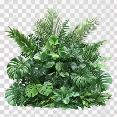 Lush green tropical plants bush (monstera, palm, rubber plant, pine and fern) on White background