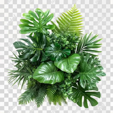 Lush green tropical plants bush (monstera, palm, rubber plant, pine and fern) on White background