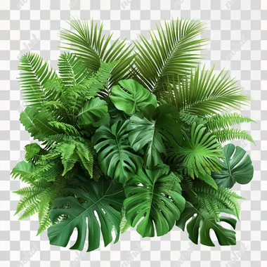 Lush green tropical plants bush (monstera, palm, rubber plant, pine and fern) on White background