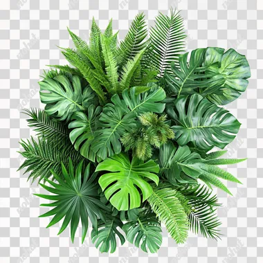 Lush green tropical plants bush (monstera, palm, rubber plant, pine and fern) on White background