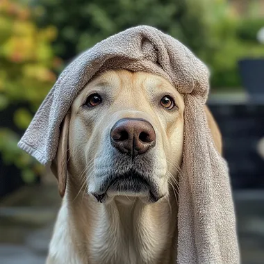 labrador towel on head