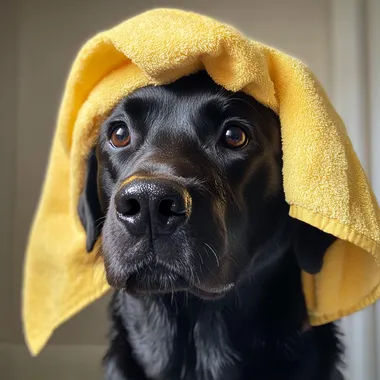 labrador towel on head