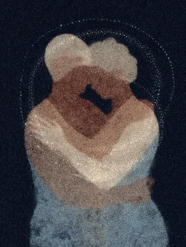 multiple abstract couples embracing, but one figures partner has disappeared, leaving them hugging empty space, 60% dusty rose and bronze tones, 30% soft blue shadows, 10% transparent sparkle dust at missing figure, radial composition, curved arm lines, emotion of lost connection and muscle memory.  --exp 100 --raw  946229656 rofile fbichjd --sv 4 --sw 1000