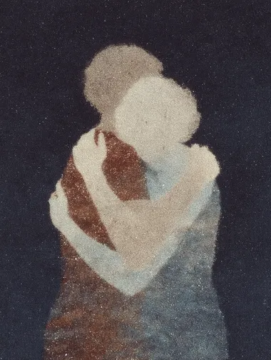 multiple abstract couples embracing, but one figures partner has disappeared, leaving them hugging empty space, 60% dusty rose and bronze tones, 30% soft blue shadows, 10% transparent sparkle dust at missing figure, radial composition, curved arm lines, emotion of lost connection and muscle memory.  --exp 100 --raw  946229656 rofile fbichjd --sv 4 --sw 1000