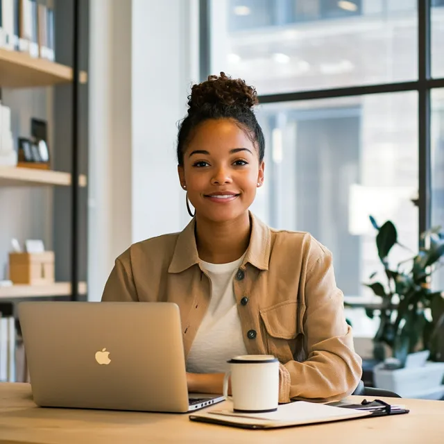 Motivated woman at desk with laptop in modern office setting