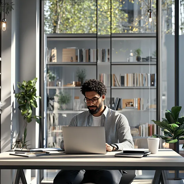 Motivated man working on laptop in modern office with natural light