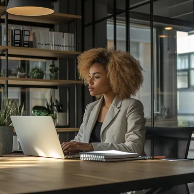A realistic photo of a motivated person in a modern office environment. The person is seated at a desk, engaged and focused, with a confident expression. The desk has a laptop, a notebook, and a cup of coffee, symbolizing productivity. The office background includes large windows with natural light, shelves with books, and minimalistic decor, creating a professional and inspiring atmosphere. The lighting is soft and natural, enhancing the realistic and motivational vibe.