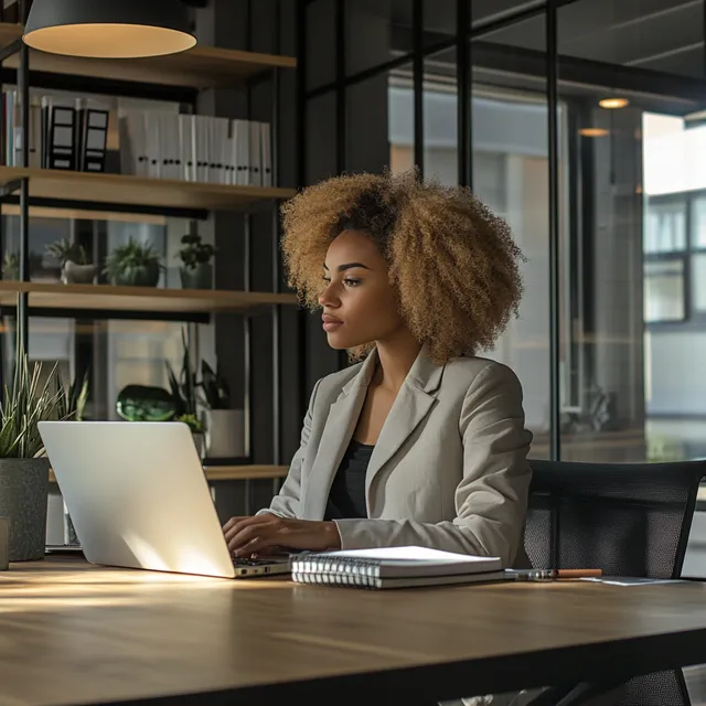 Woman at desk in modern office, focused on laptop with coffee.