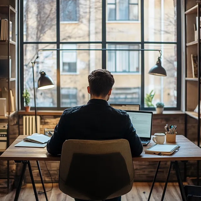 Motivated man at desk in modern office with natural light.