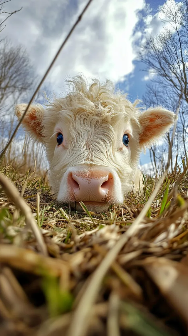 White Highland Cow with Blue Eyes Laying in Spring Grass Outdoors
