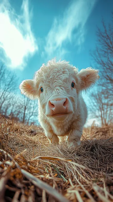 A round head, round body, little white highland cow, standing in the grass in the spring, with big blue eyes. The photo was taken with an iPhone camera phone.