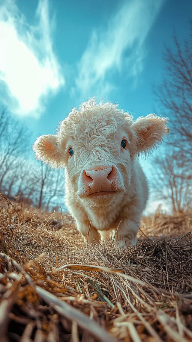 Highland cow in spring grass field with blue eyes, iPhone photo