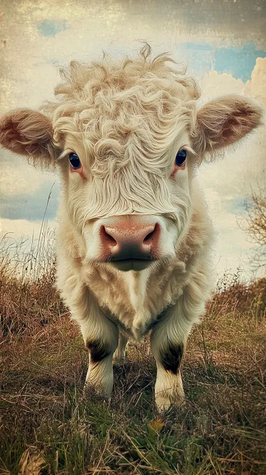 A round head, round body, little white highland cow, standing in the grass in the spring, with big blue eyes. The photo was taken with an iPhone camera phone.