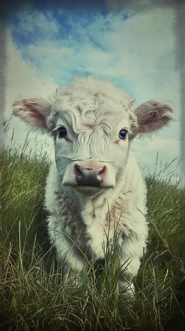 A round head, round body, little white highland cow, standing in the grass in the spring, with big blue eyes. The photo was taken with an iPhone camera phone.