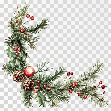 victorian christmas corner embellishments with fir, white background , watercolor painting